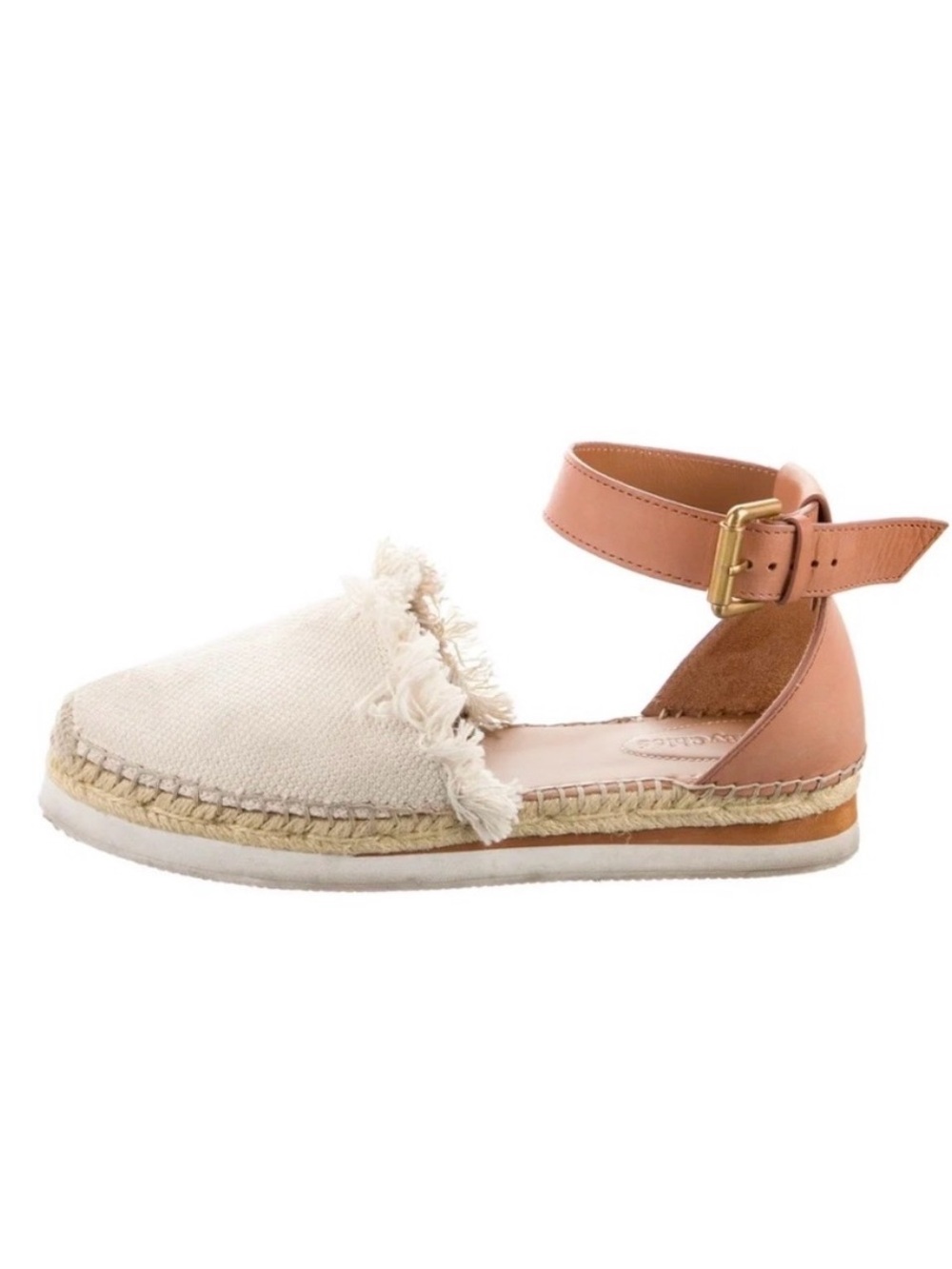 Frayed Canvas Ankle-Strap Espadrille in Cream and Tan